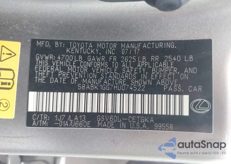 2017 Lexus Es 350 z USA, uszkodzony, nr VIN 58ABK1GG7HU074522